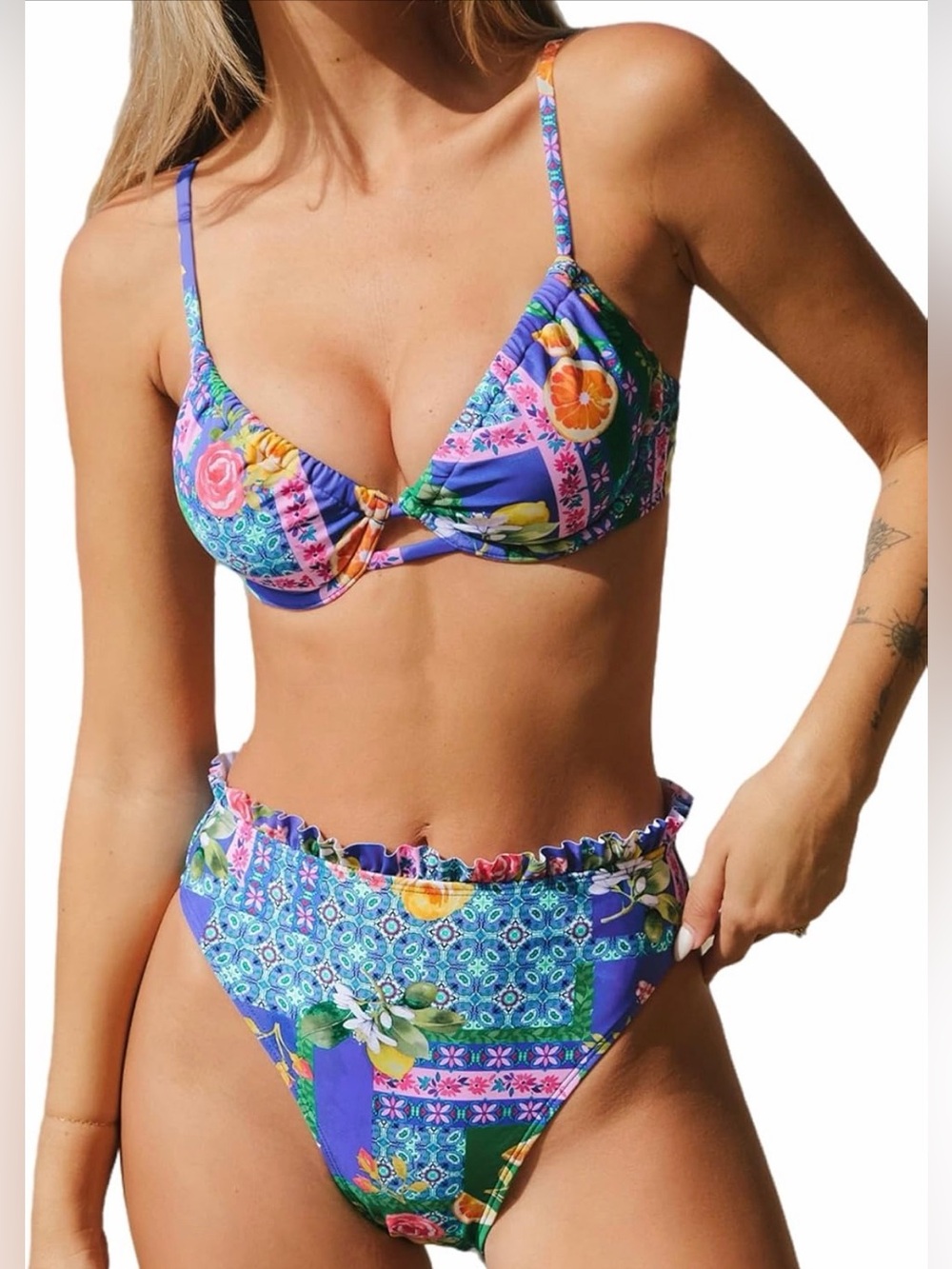 NWT Cupshe Women’s Blue Floral Padded Underwire High Waist Bikini Set Size M